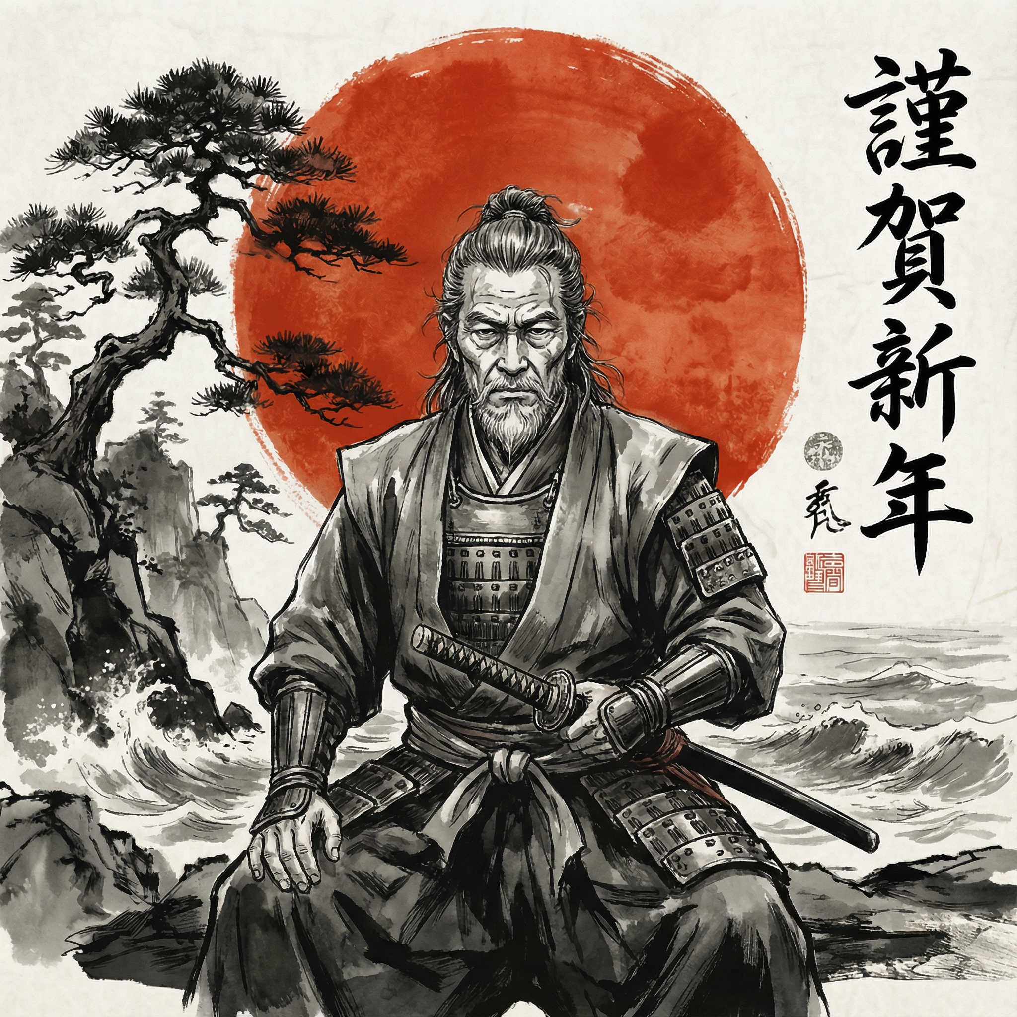 謹賀新年 (Kinga Shinnen),
 謹 (kin): Bedeutet "respektvoll" oder "demütig",
 賀 (ga): Bedeutet "gratulieren" oder "feiern",
 新 (shin): Bedeutet "neu",
 年 (nen): Bedeutet "Jahr"